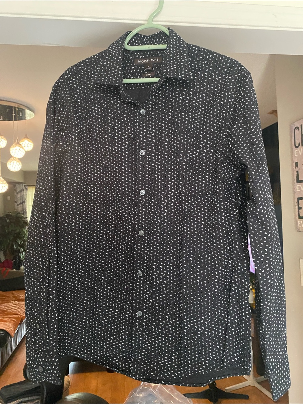 Michael Kors Black Button-Down Shirt with White Micro Dot Pattern#15